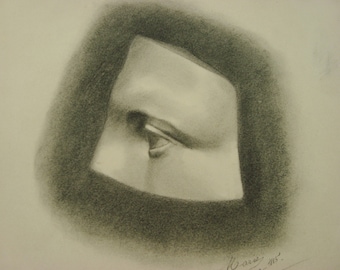 Antique French eye study charcoal drawing from 1885 signed Marie