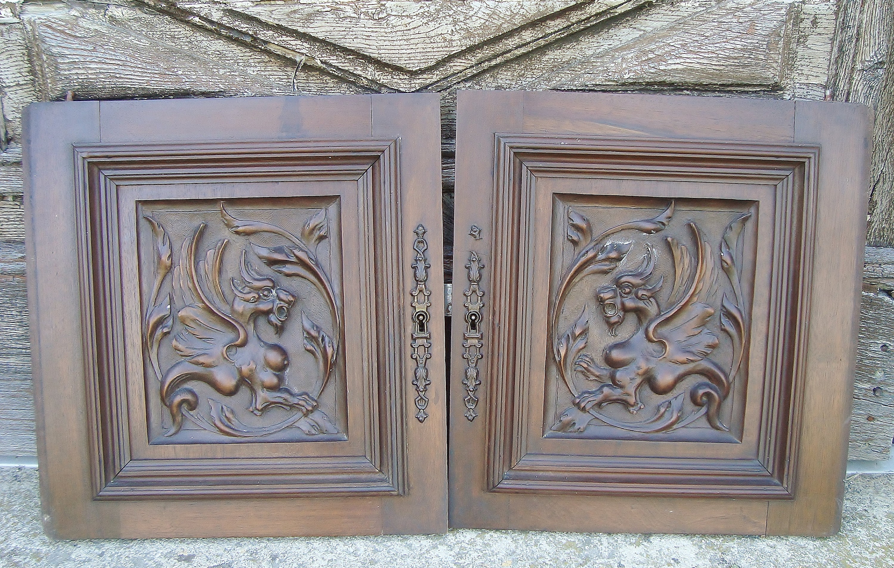 Paire de Portes Anciennes Motifs Dragons Ailés Sculptés Vers 1880