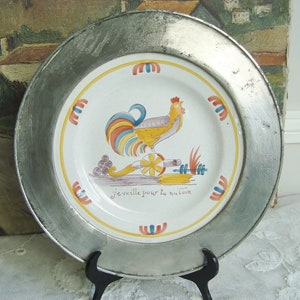 Vintage French rooster plate limited edition wall hanging with a pewter frame