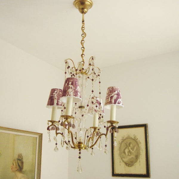 Lustre pampilles ancien style romantique Abat-jours en toile de Jouy fait main en France