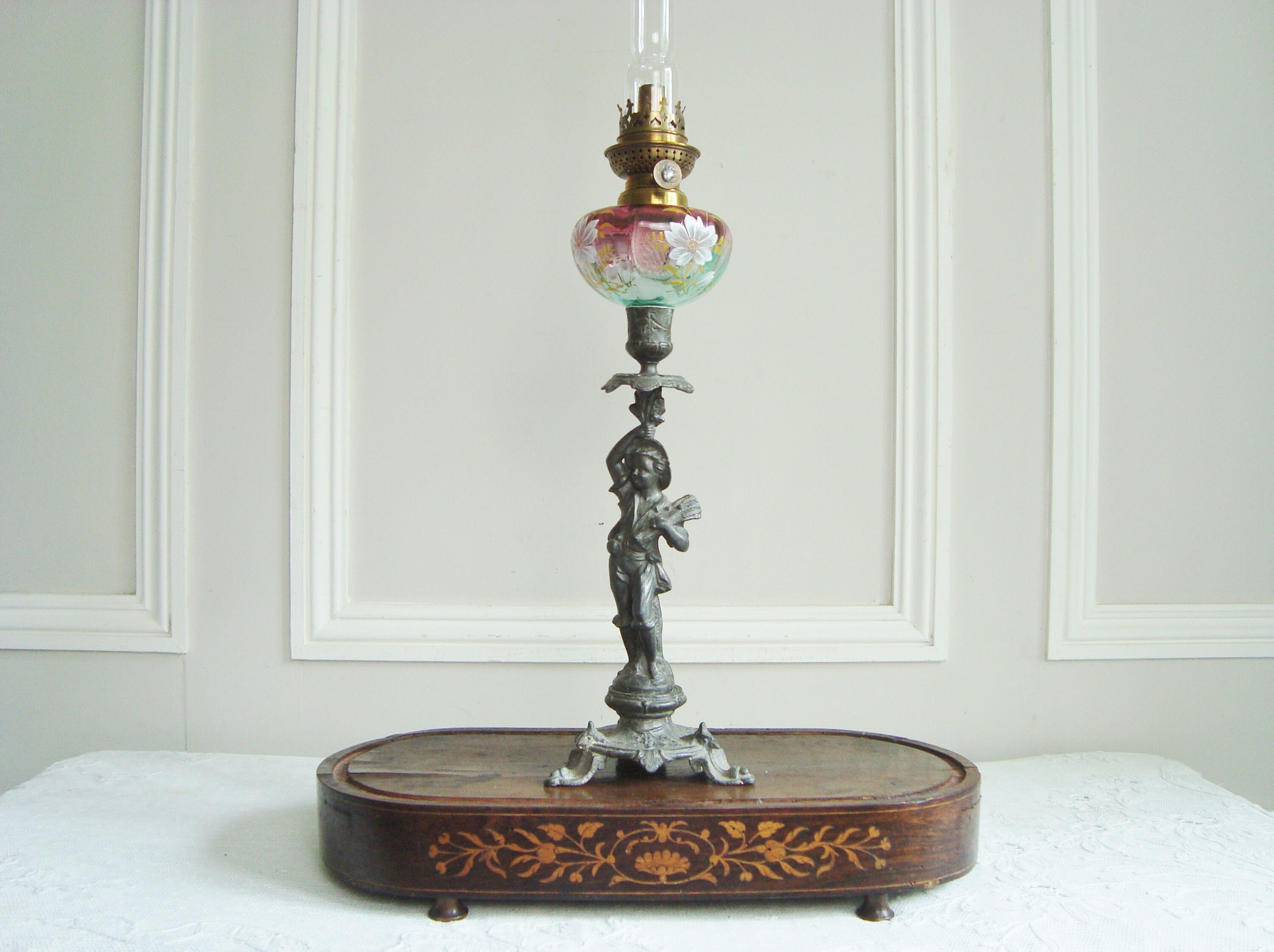 Antique French figural oil lamp with hand painted glass and Etsy