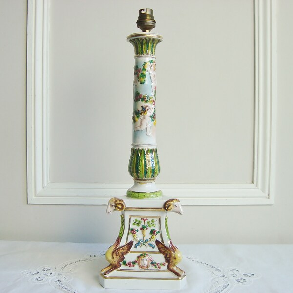 Vintage Capodimonte table lamp base with rams heads and cherub motifs
