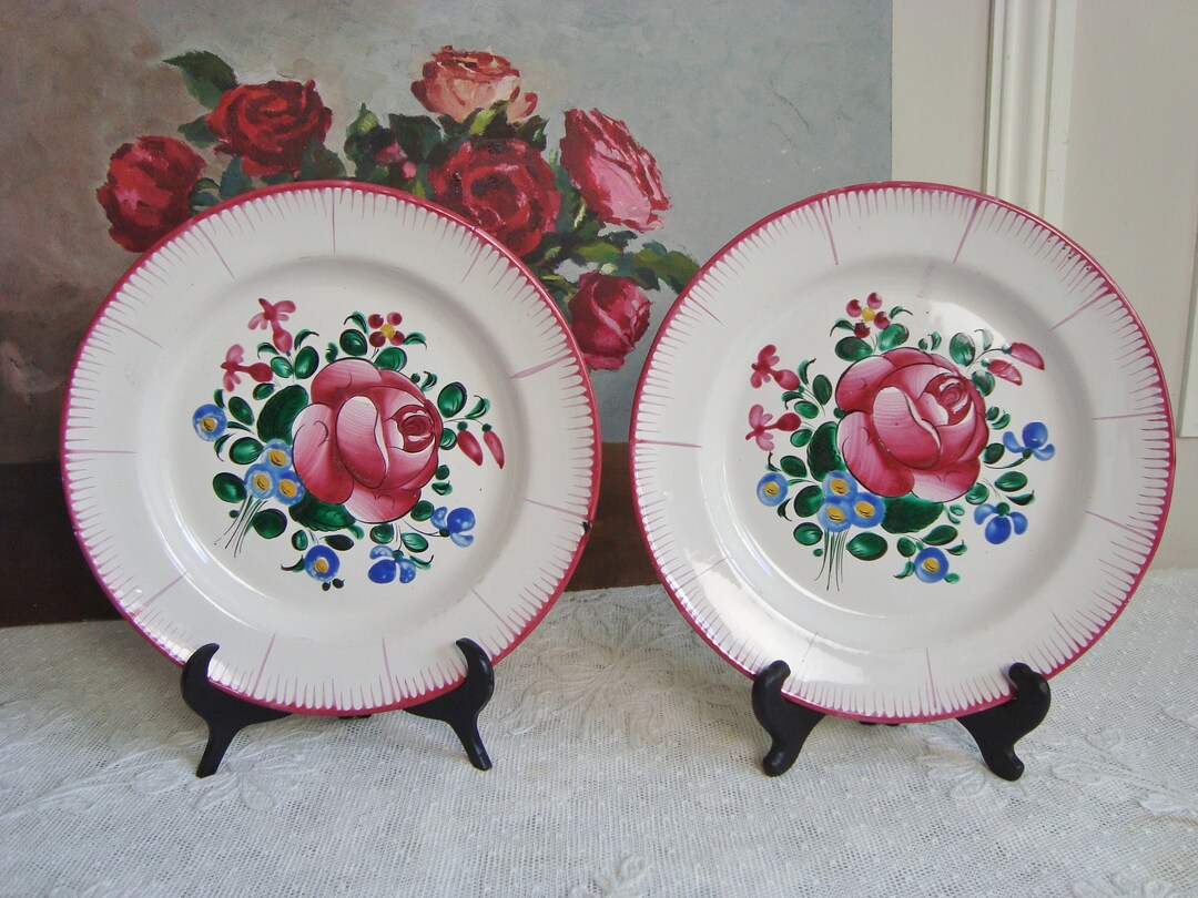 Pair Antique Decorative Plates With Hand Painted Rose Motifs Shabby ...