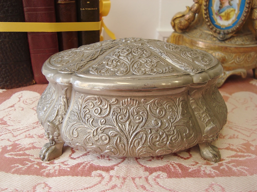 Vintage Spelter Jewelry Box With Lion's Paw Feet and Classical