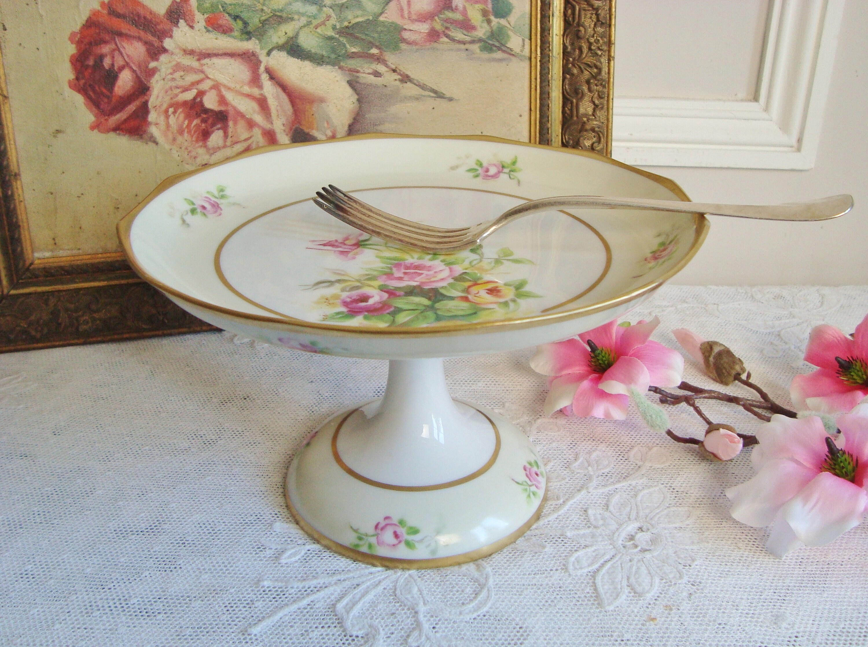Assiette sur Pied Vintage en Porcelaine de Limoges L Sarlangeas Vers 1940