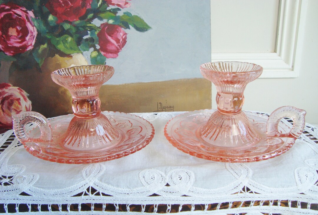 Pair Vintage Pink Glass Candle Holders Floral Candlesticks Etsy