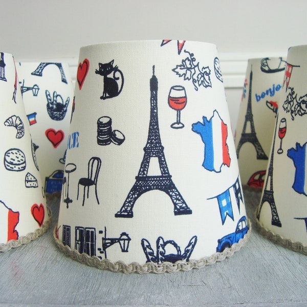 Set of French lampshades Eiffel tower fabric 4.5 ins x 4.7 inches Handmade in France