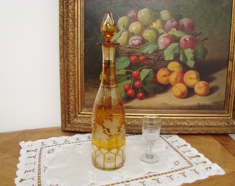 Vintage French decanter with grapevine leaves decoration gold and clear glass