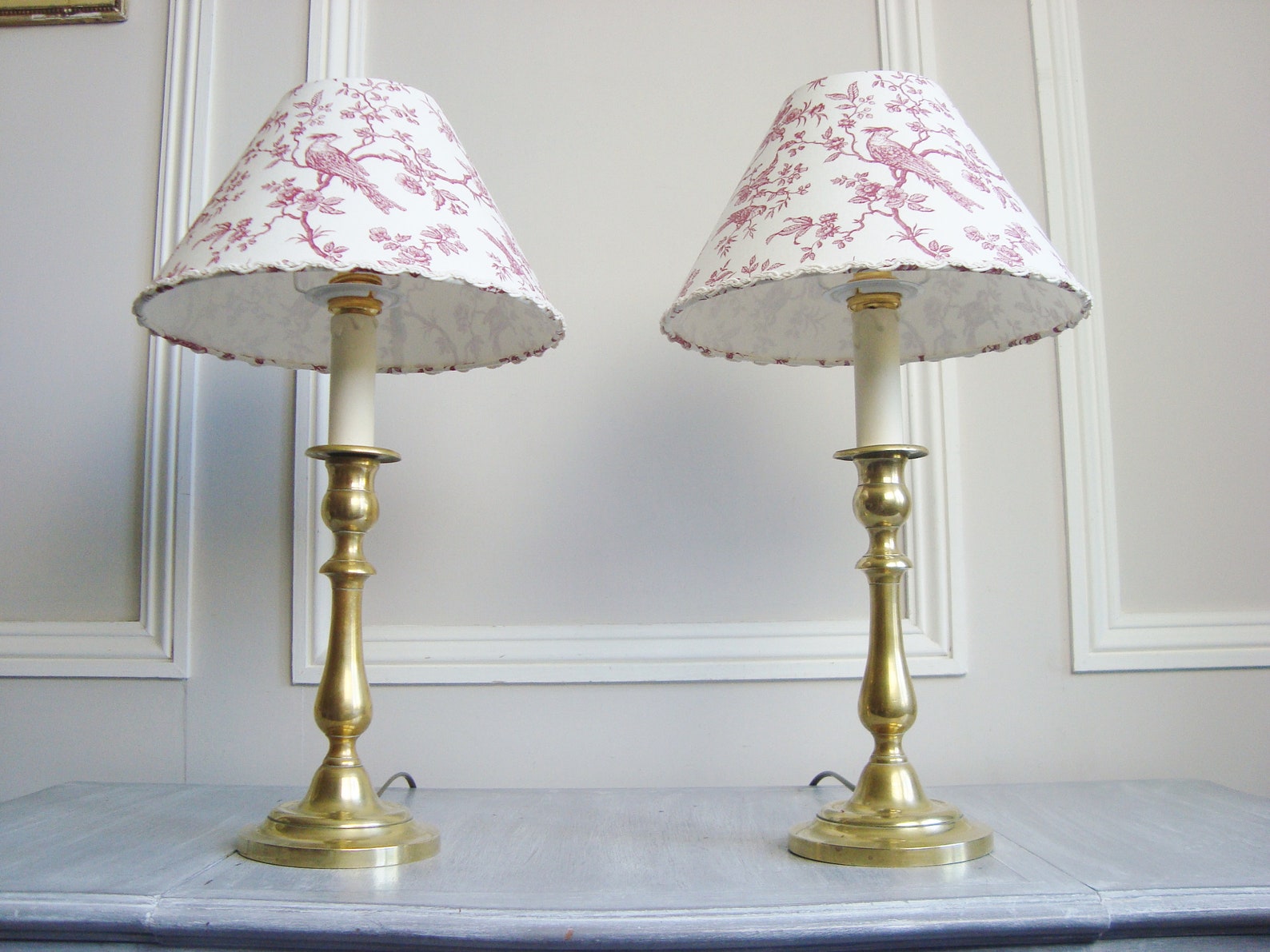 Pair Vintage French Table Lamps With Handmade Toile De Jouy Etsy