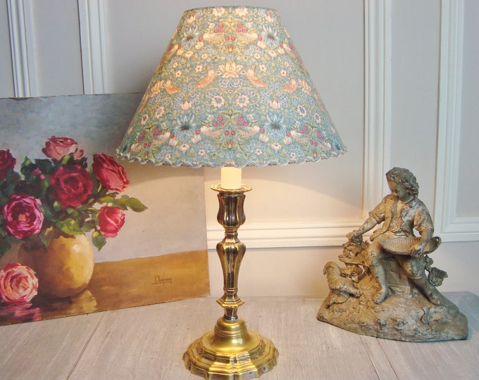 Antique French Candlestick Lamp With a William Morris Aqua Strawberry