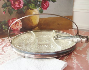 Vintage French serving dish in silver plated metal with a pair of antique serving tongs