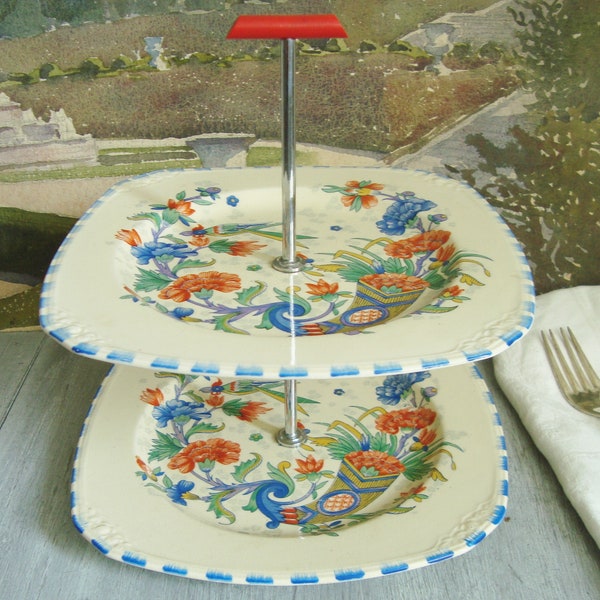 Présentoir à gâteaux anglais ancien motifs chinoiserie rouge et bleu