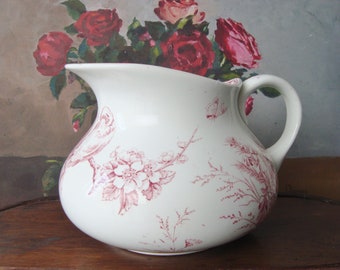 Antiker französischer Krug mit Vögeln und Blumendekoration 1900 roter Transferware Krug Luneville jardiniere