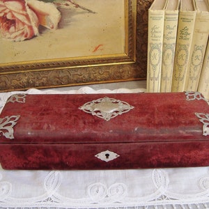 Antique French red velvet glove box with a padded red silk interior from the 19th century