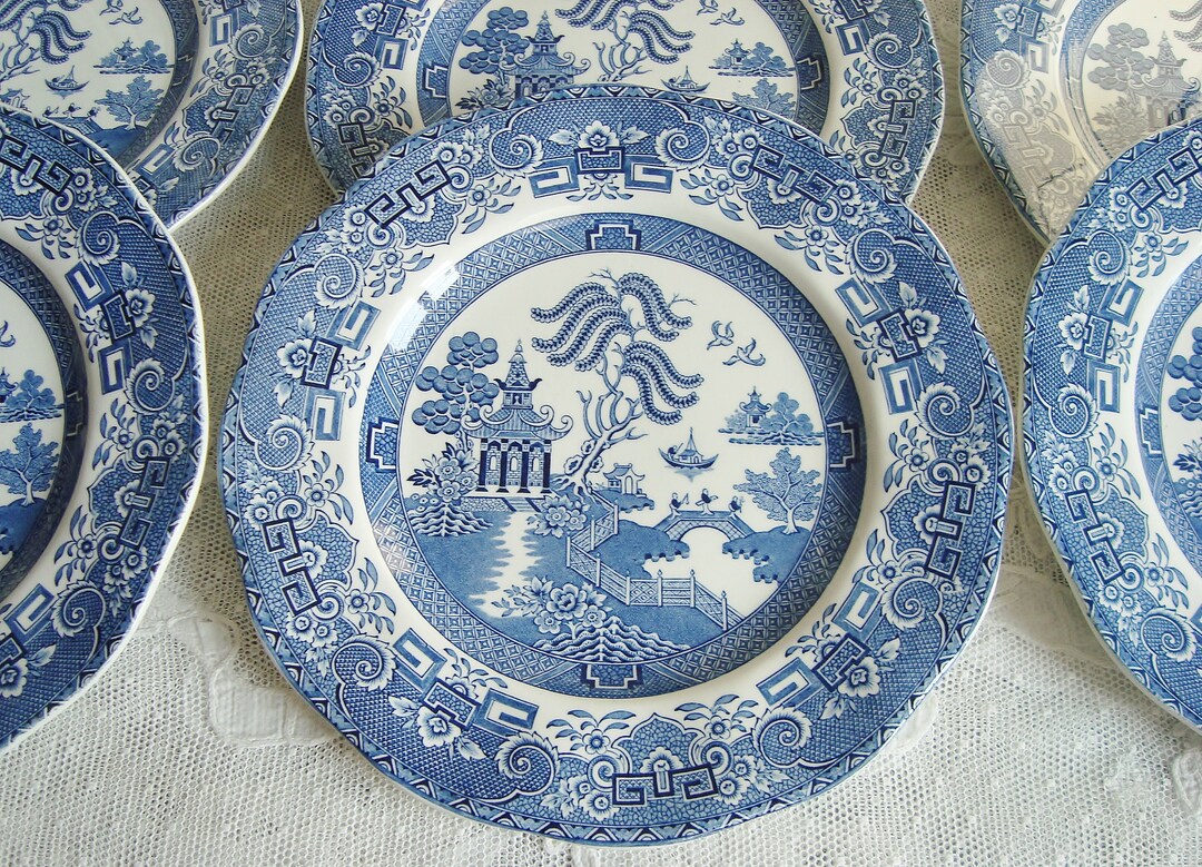 Set of 6 Vintage Wedgwood Dinner Plates Willow Pattern Blue Etsy