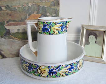 Ensemble de toilette Art Deco ancien Moulin des Loups broc et bassine décor fleurs