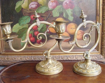 Pair antique piano candlesticks with Gothic scrolls 19th century French candle holders with leaves and berries motifs