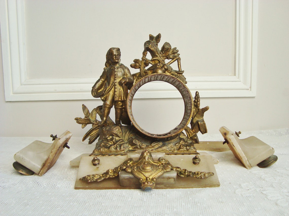 Antique French spelter statue clock pediment shabby style image 7