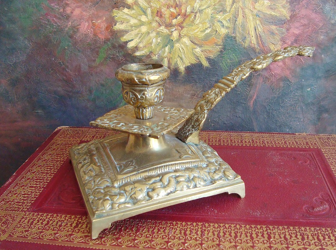 Antique French Candle Holder Hand Held Bronze Candlestick With Fleur De