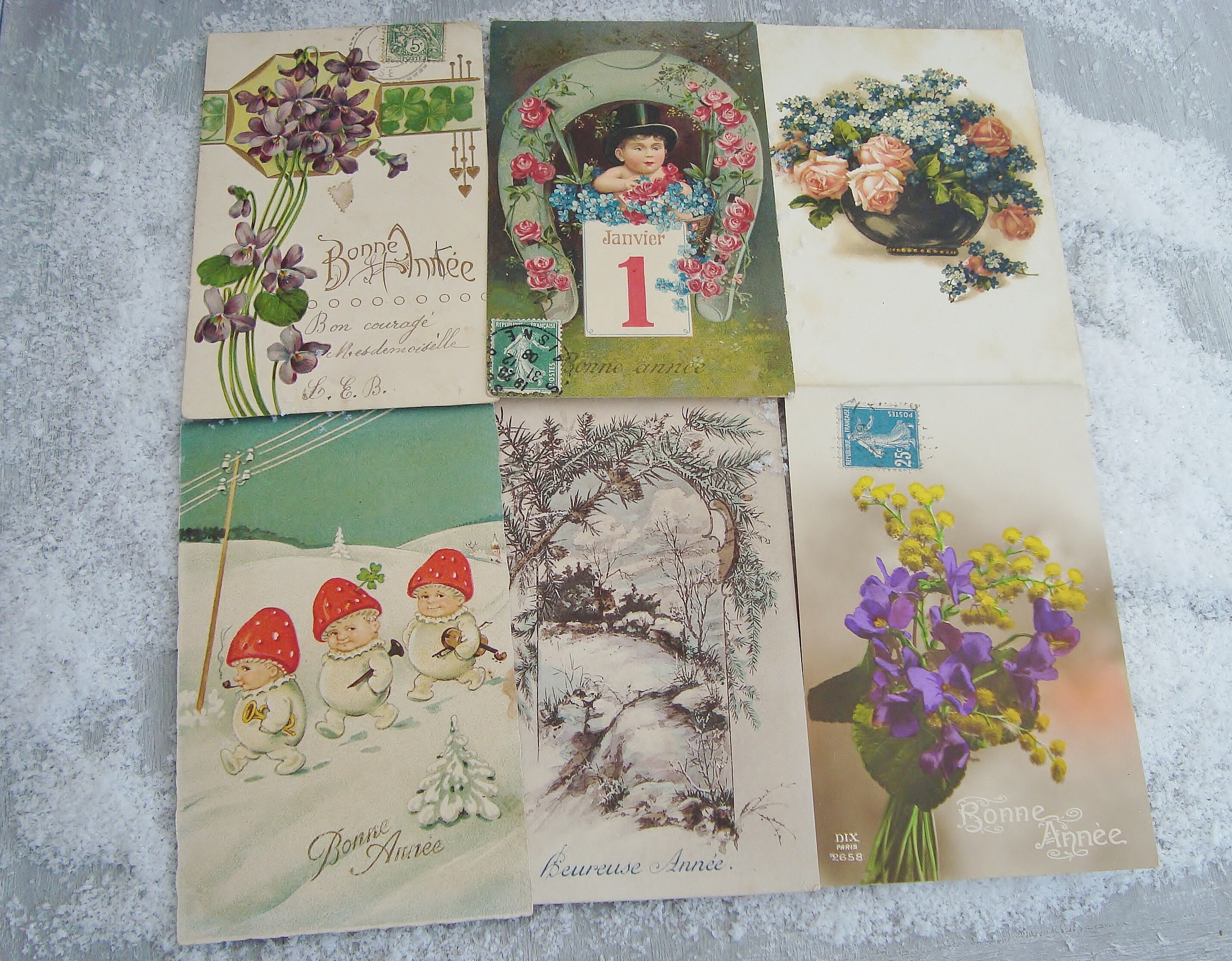 Ensemble de 6 Cartes Vœux Antiques Français Nouvel An Pour Des Projets Décoratifs et L'affichage