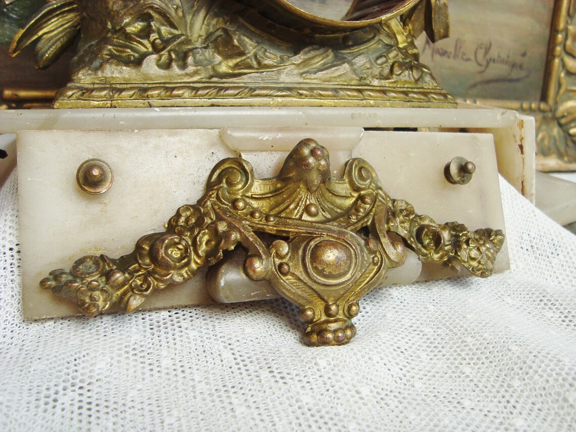 Antique French spelter statue clock pediment shabby style image 3