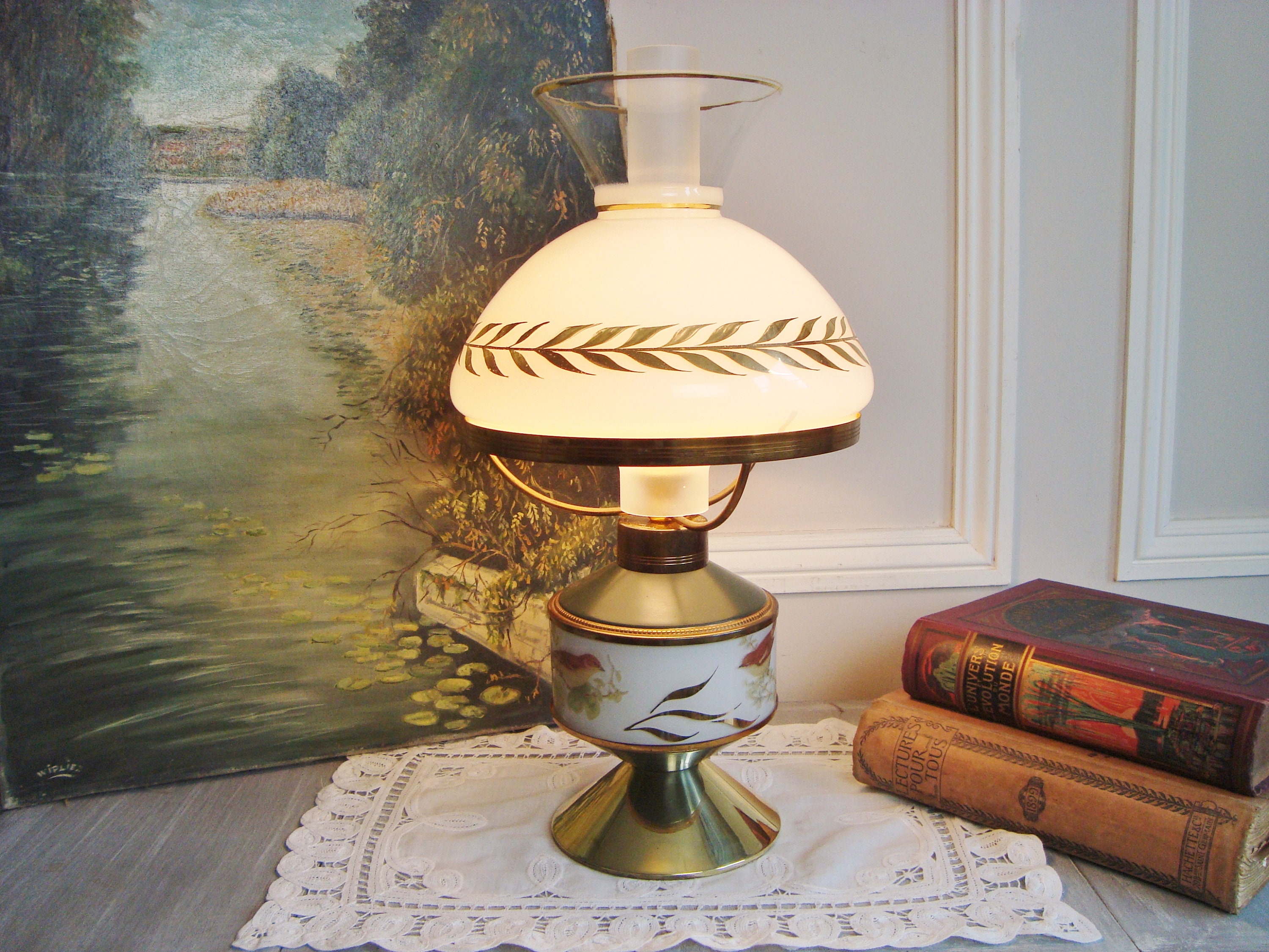 Lampe de Table Vintage Style Opalin avec Des Motifs d'oiseaux