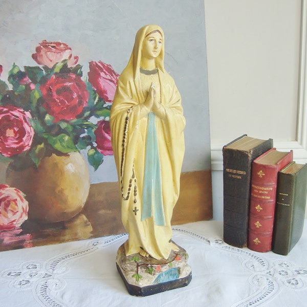 Vierge Marie en Plâtre ancienne statue religieuse pour déco shabby chic 33 cm