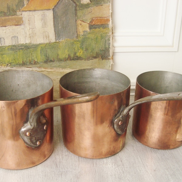 Set of 3 antique French copper saucepans High sided pans