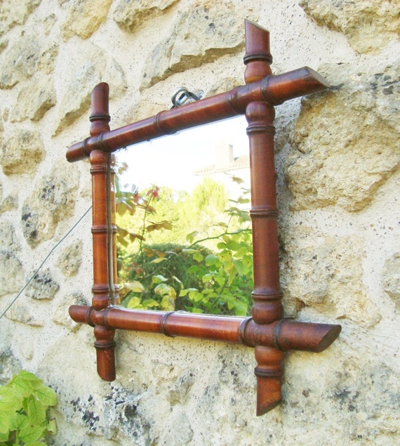 French Antique Wooden Faux Bamboo Mirror Shabby Country Style Faux Bamboo Mirror Shabby Country Style