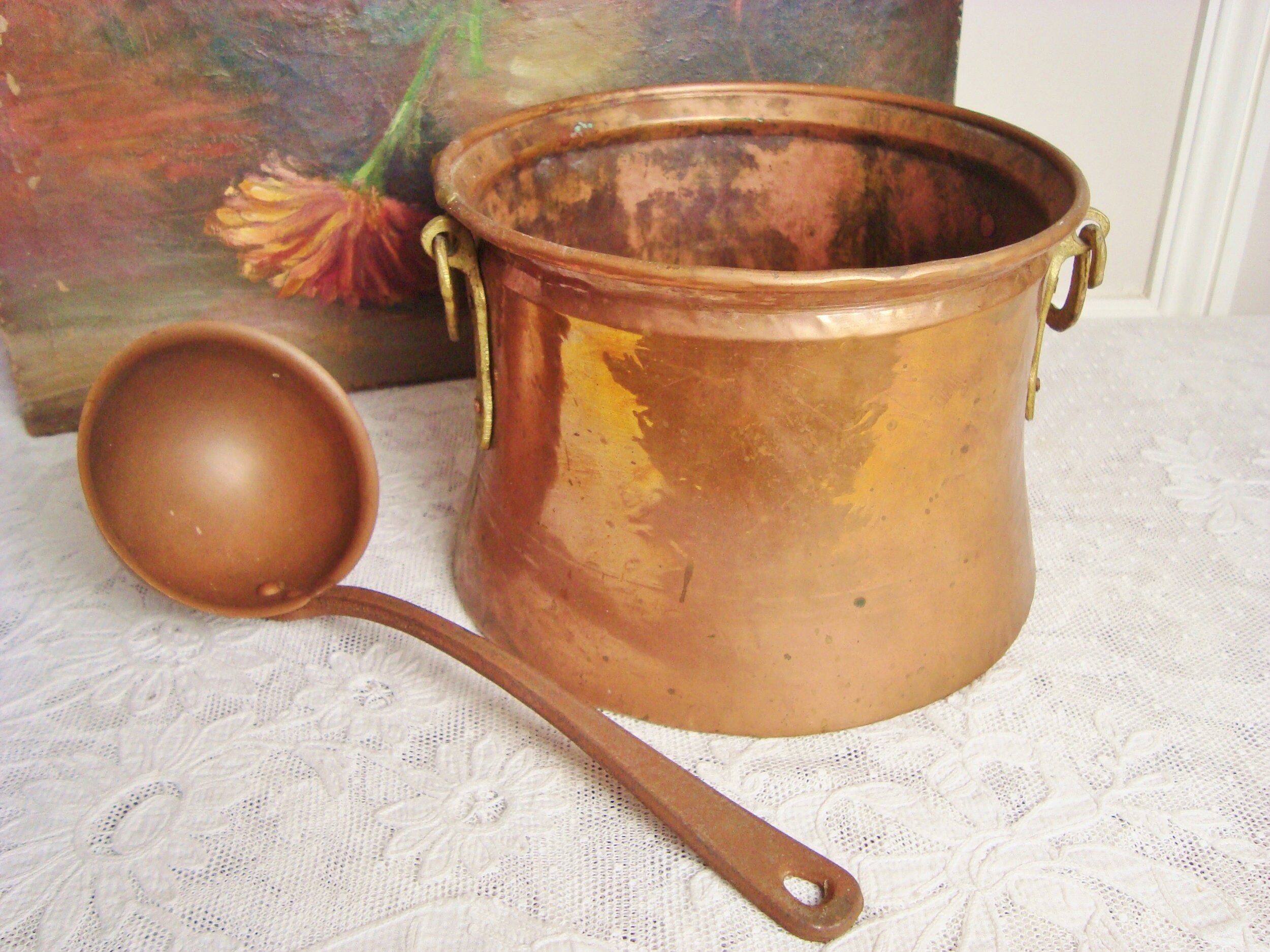 Pot en Cuivre Ancien avec Une Louche Pour Déco Campagnarde