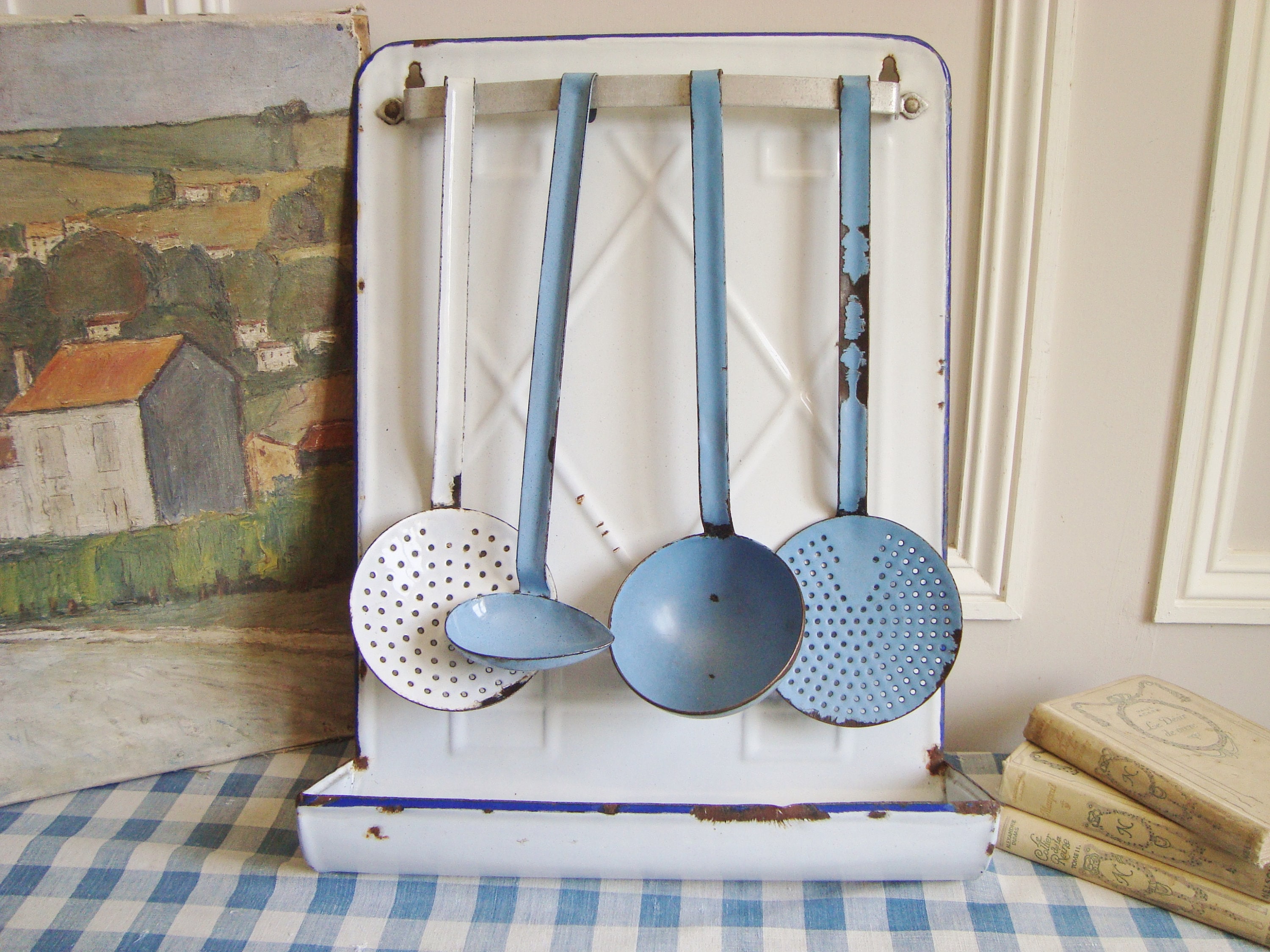 French Blue Ceramic Utensil Holder Vintage Style