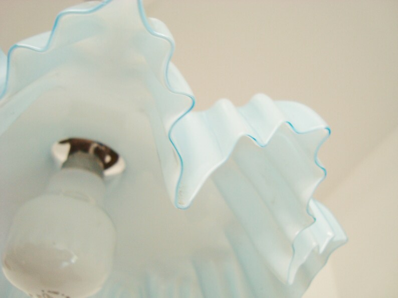 Vintage French rise and fall chandelier with a blue and white mottled glass shade