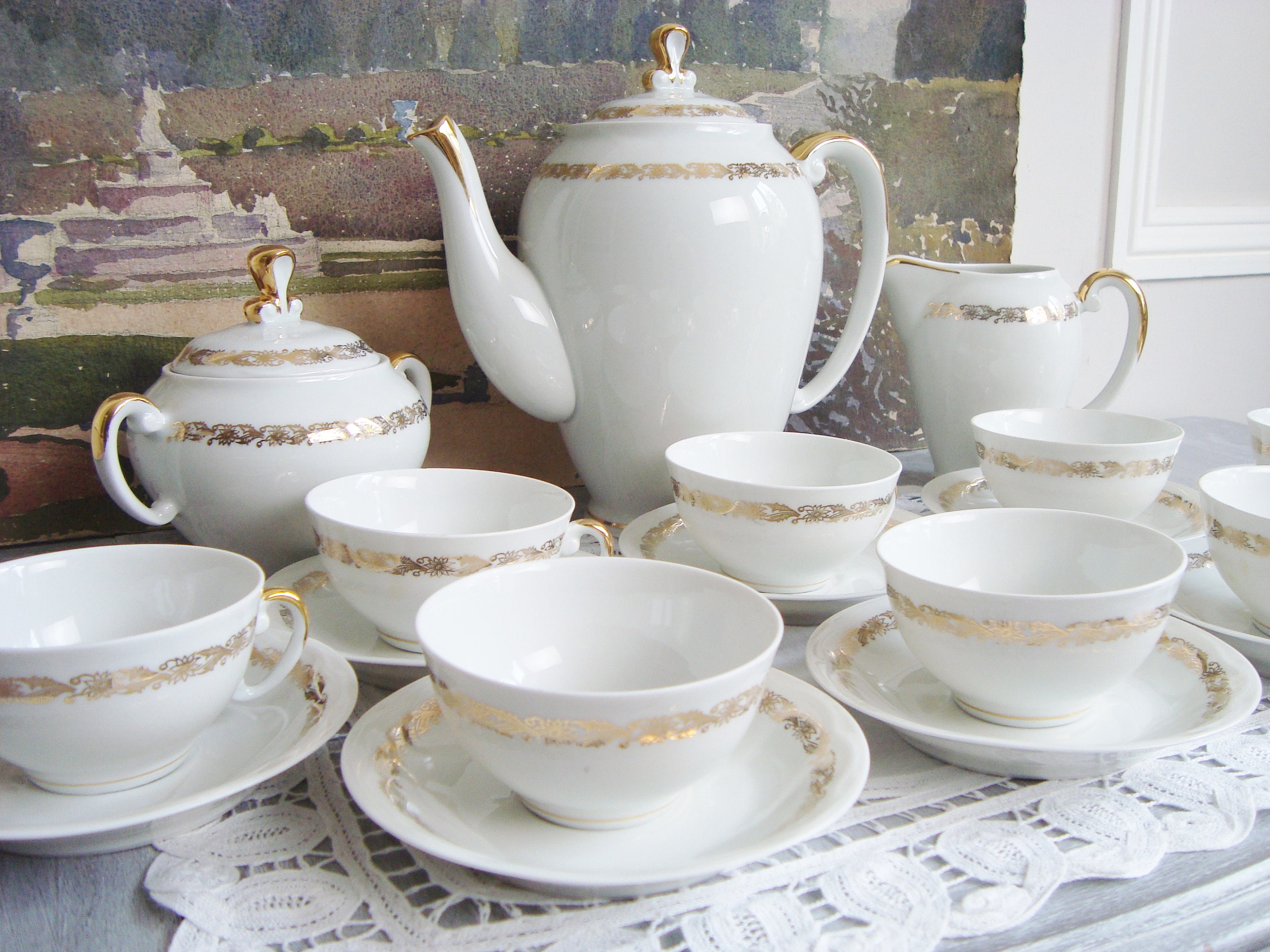 Set da tè e caffè vintage francese in porcellana bianca e oro SEP Limoges 8  tazze e piattini -  Italia