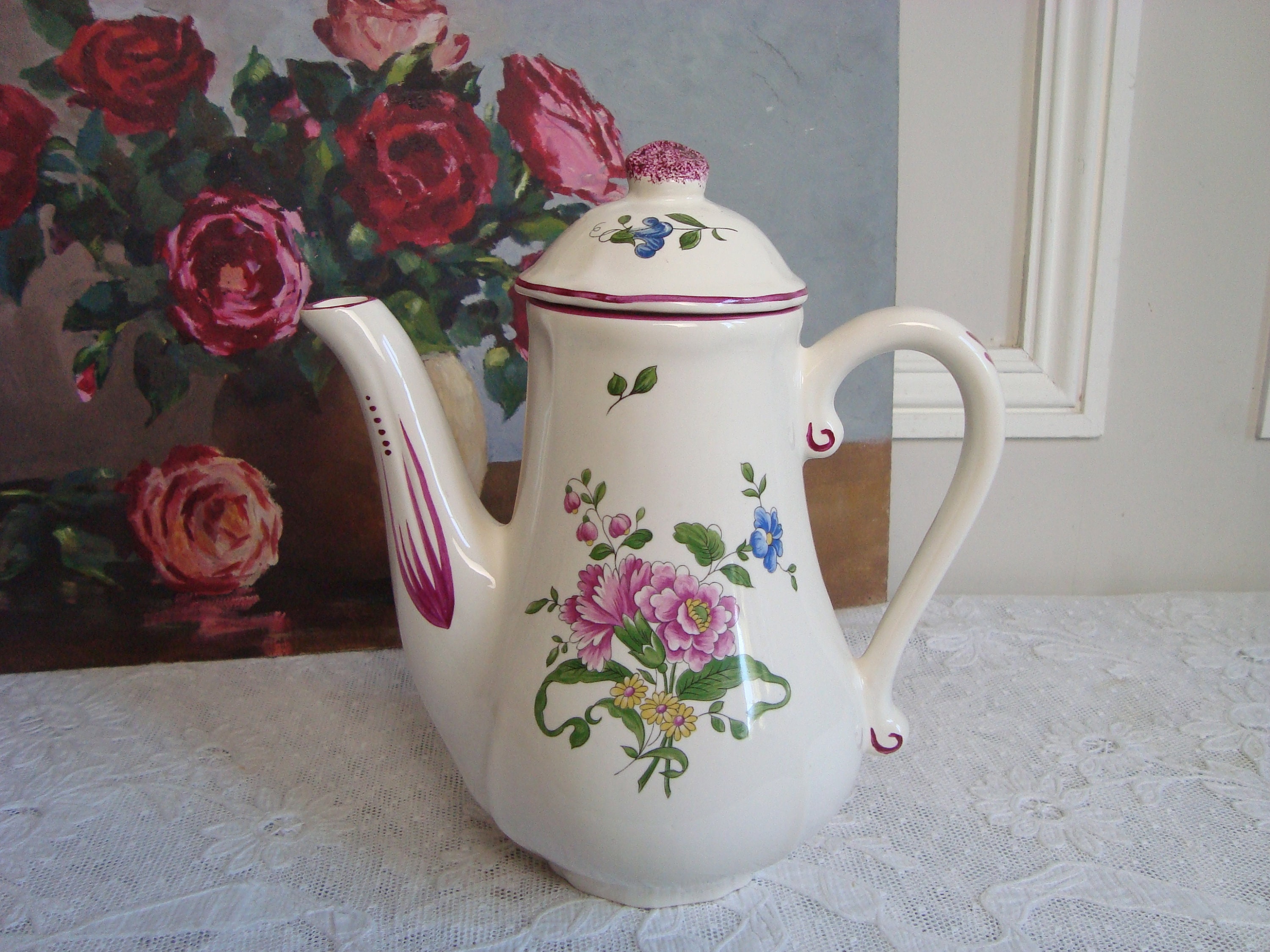 Belle Cafetière Vintage Vieux Saint Amand avec Motifs Floraux