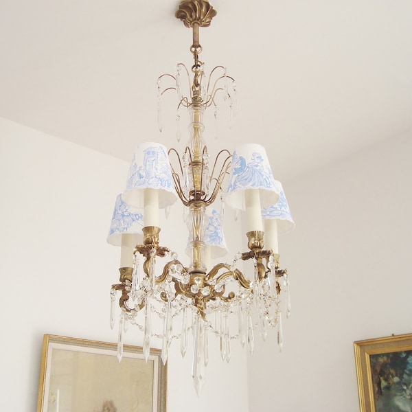 Vintage glass garlands chandelier with pointed crystal prisms and handmade lampshades