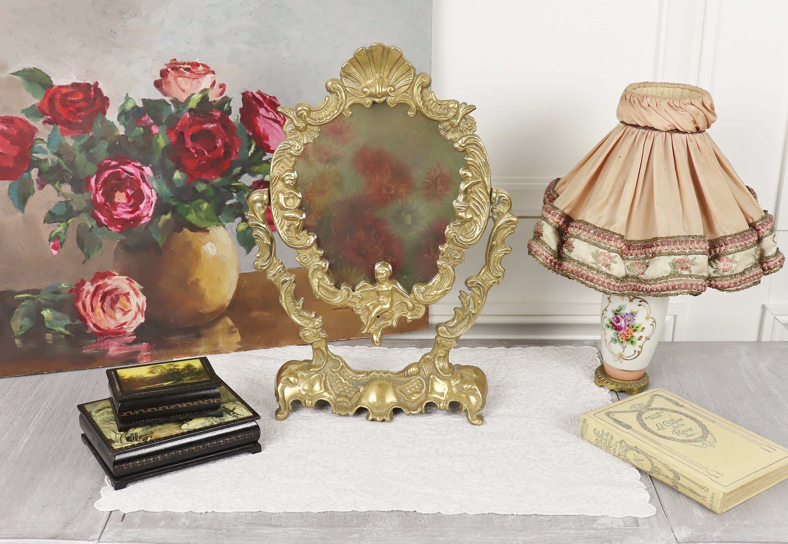 miroir vintage chérubin de style rococo coiffeuse en bronze