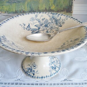 Antique French ironstone cake stand pedestal presentation dish with floral motifs Blue and white ceramic