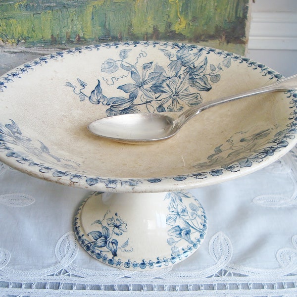 Antique French ironstone cake stand pedestal presentation dish with floral motifs Blue and white ceramic