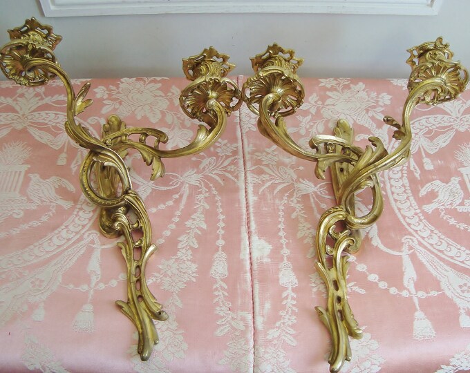 Pair Antique Candle Sconces French Rococo Style Wall Lights in Bronze ...