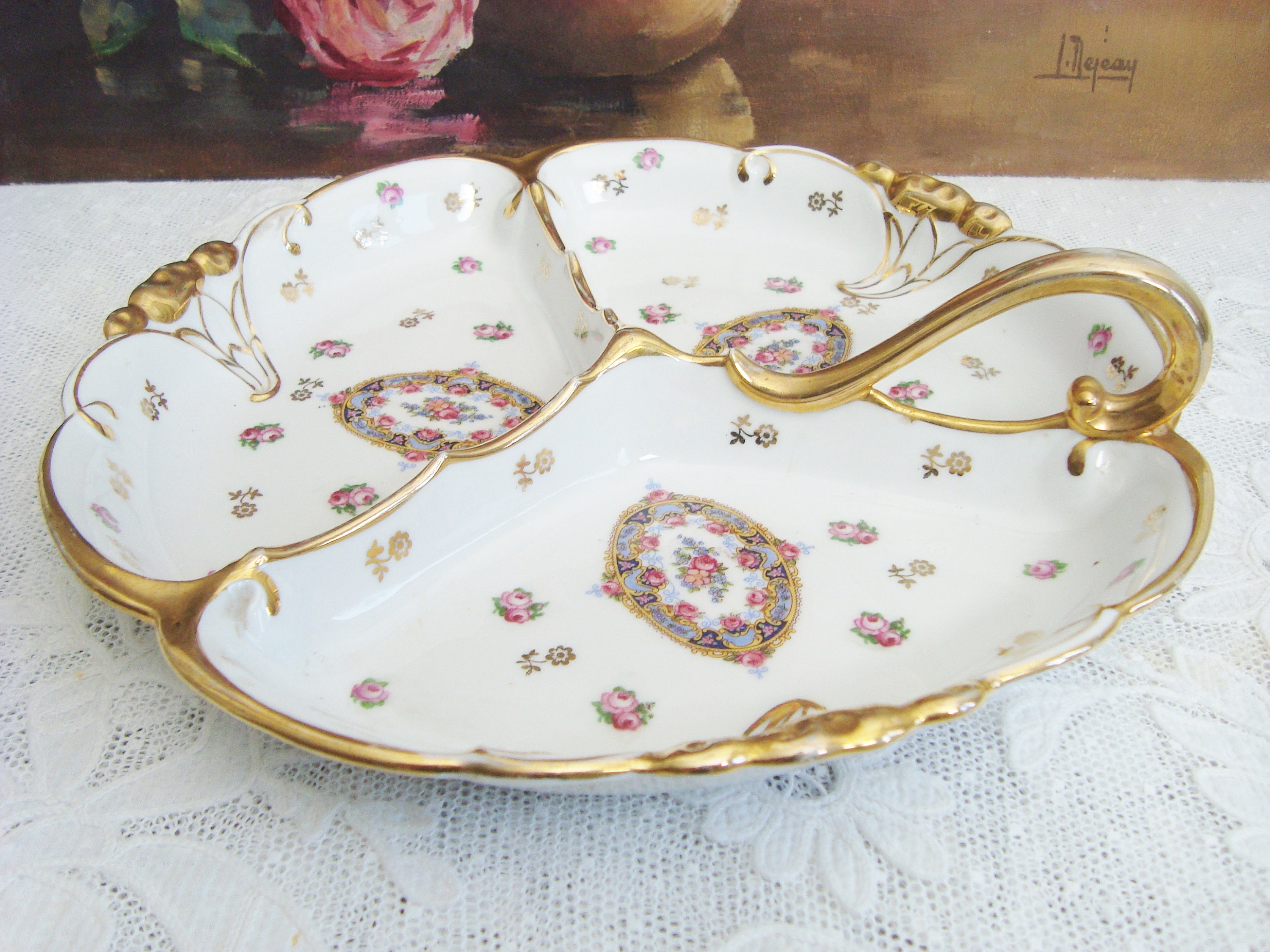 Assiette Trilobée Vintage en Porcelaine Allemande avec Motifs de Roses