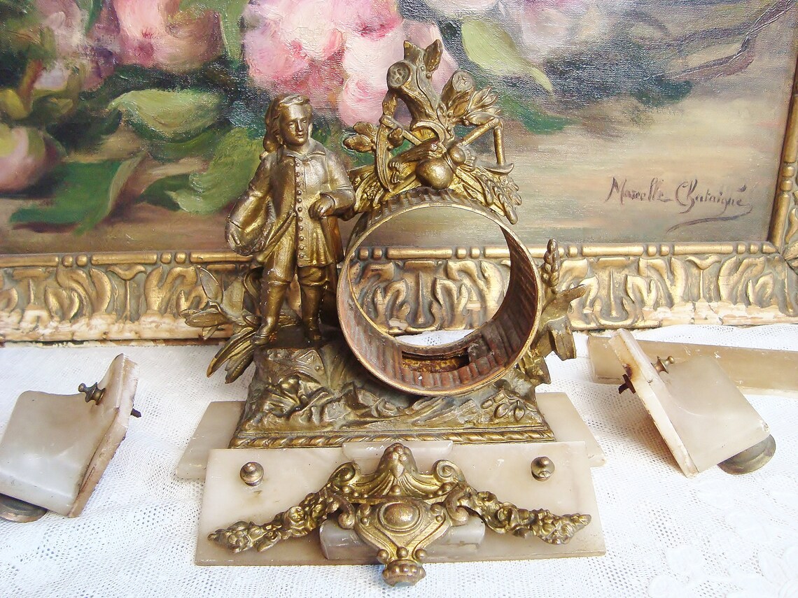 Antique French spelter statue clock pediment shabby style image 0