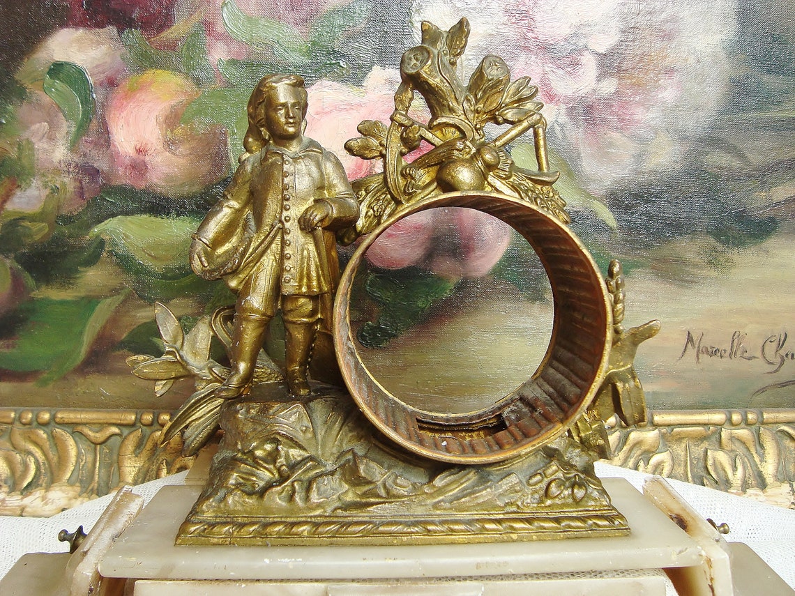 Antique French spelter statue clock pediment shabby style image 1