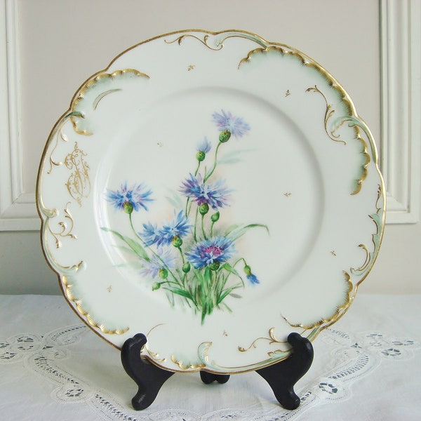 Assiette ancienne en porcelaine de Limoges Haviland bleuets avec monogramme