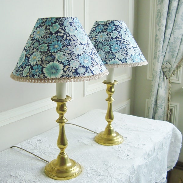 Pair antique candlestick lamps with handmade lampshades in floral metallic fabric