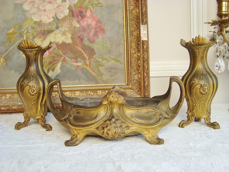 Antique French jardiniere and two vases Art Nouveau spelter image 0