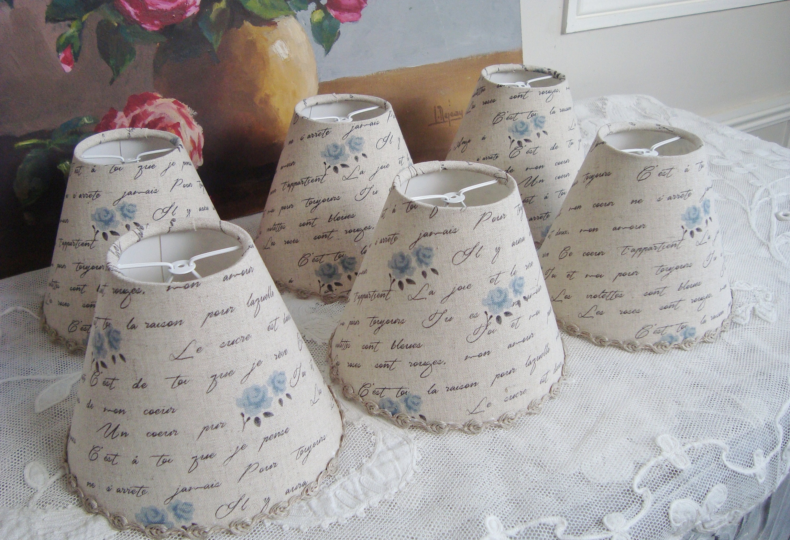 Lot de 6 Abat-Jours Fait Main en Tissu Lin avec Motifs Roses Bleues et Calligraphie