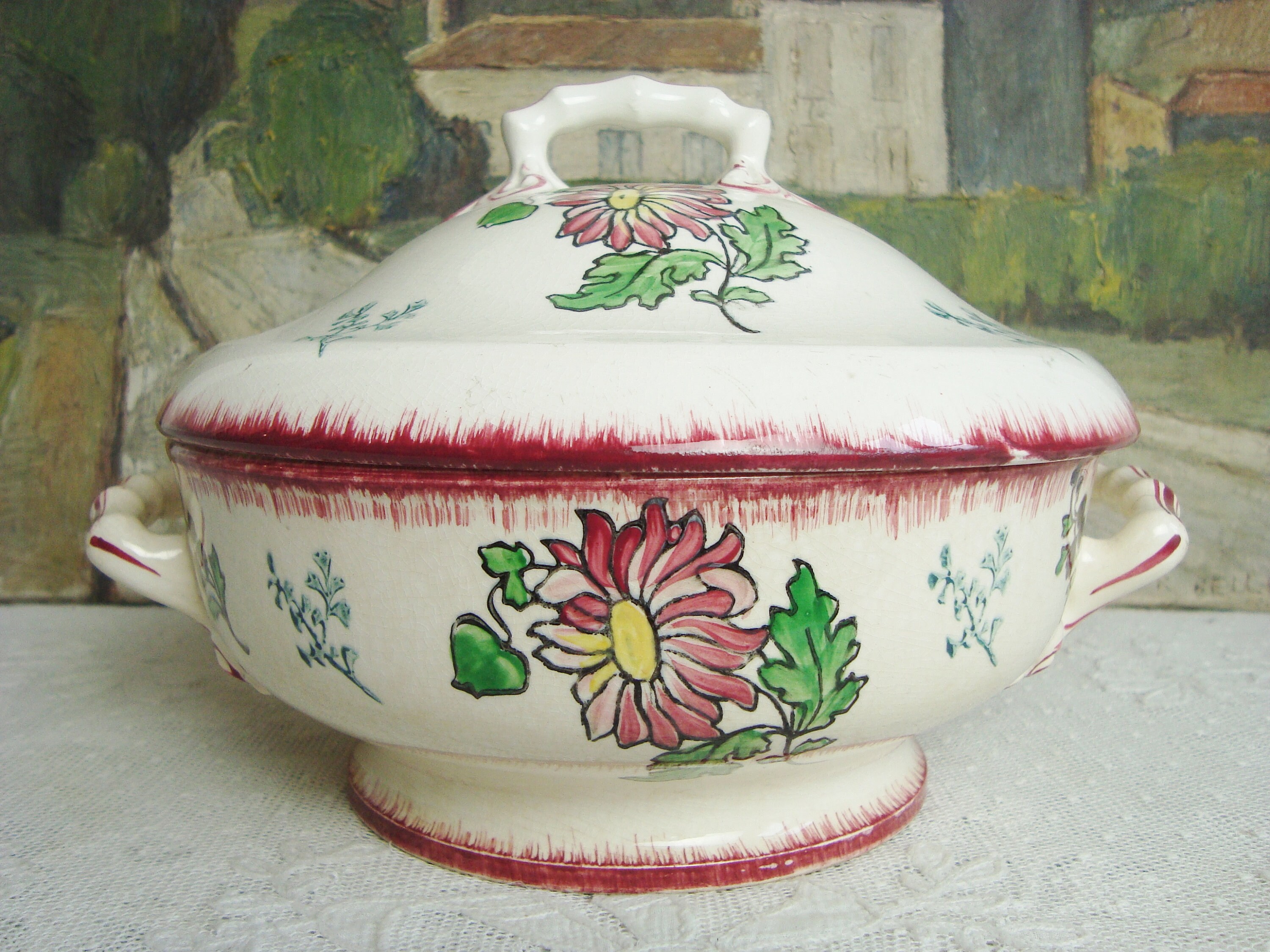 Légumier Ancien Longwy France Motifs Dahlias Style Art Nouveau Marquée Georges