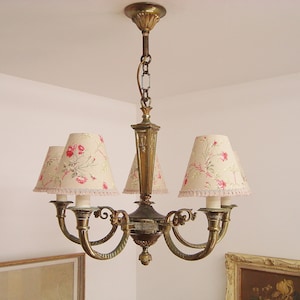 Vintage French chandelier in Empire style with five handmade lampshades of your choice