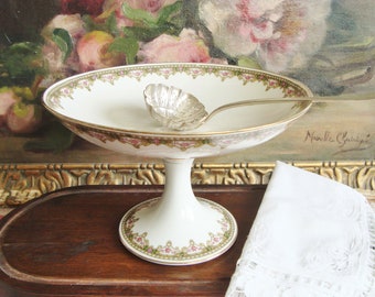 Vintage French cake stand and sugar dusting spoon in Limoges porcelain and ornate silver plated metal
