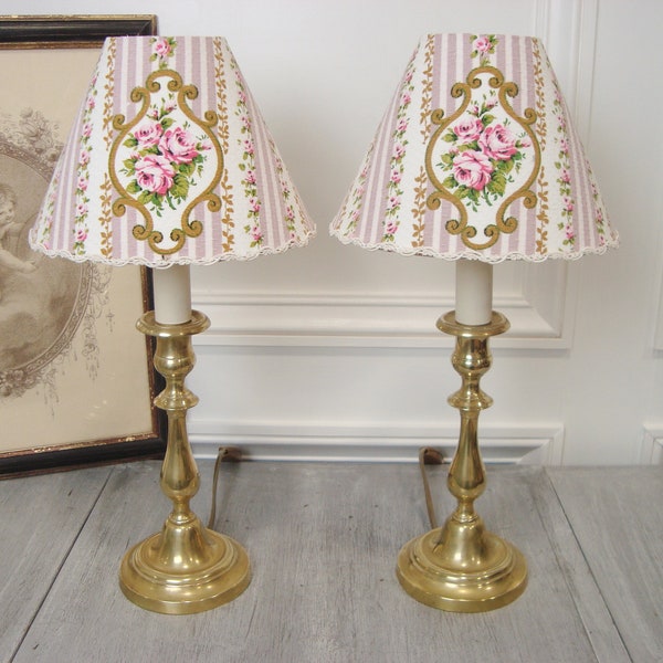 Stunning pair antique lamps with vintage roses fabric handmade lampshades Shabby vintage style